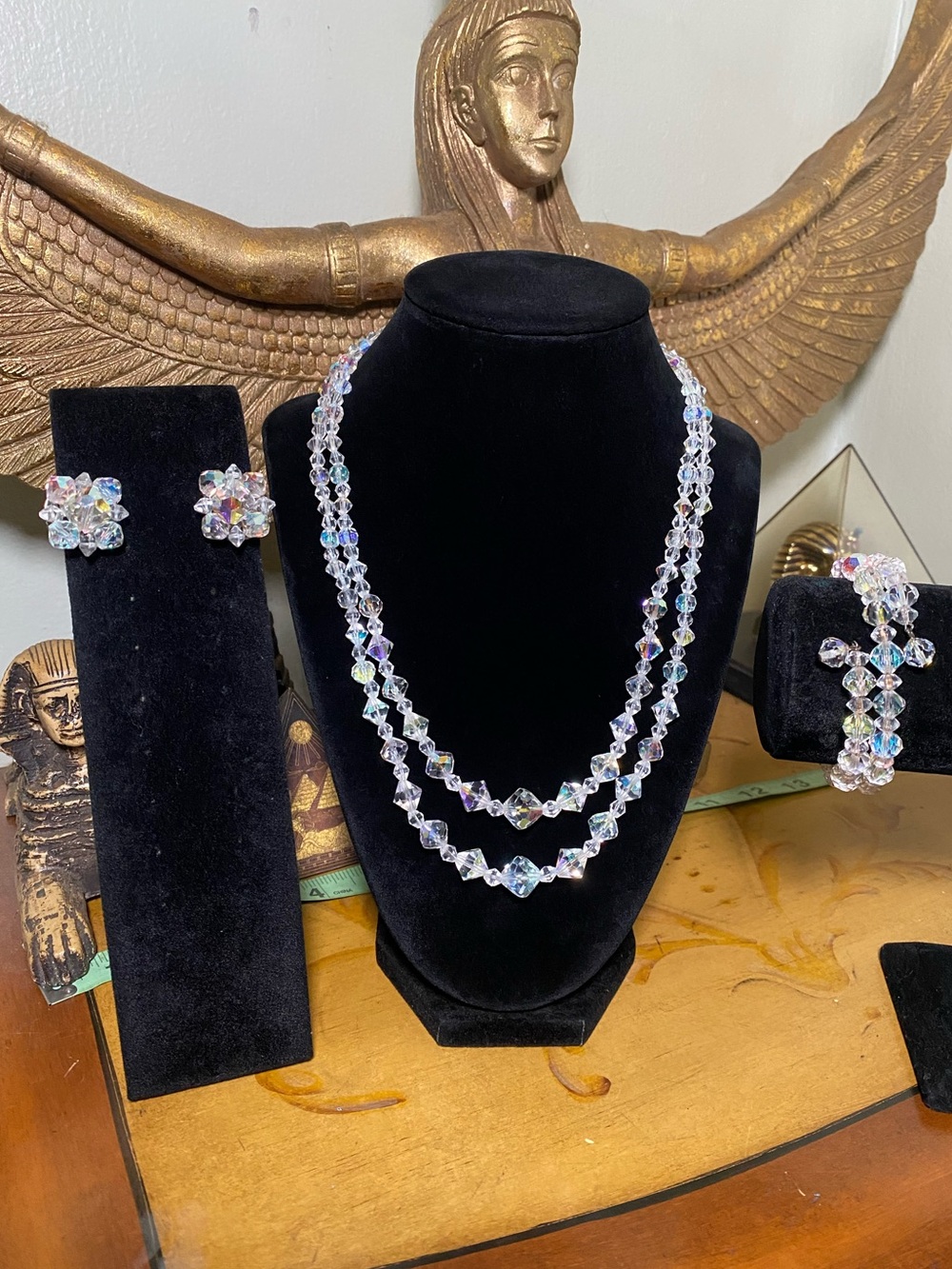 Vintage Crystal Aurora Borealis Double Strand Necklace and Earrings Set - Clear